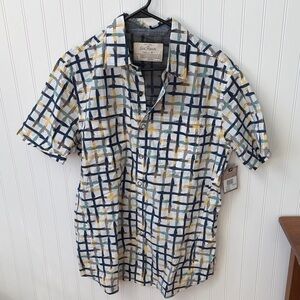 (109)Short-Sleeve Grid-Print Button-Down Shirt in White/Navy/Yellow